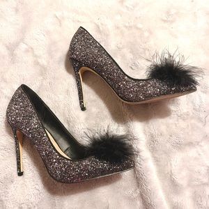 Black Fluffy Glitter Heels